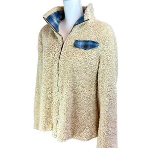 PENDLETON Ivory Fleece Full Zip Jacket Sz Large Wool Plaid Lined Sherpa Coat‎